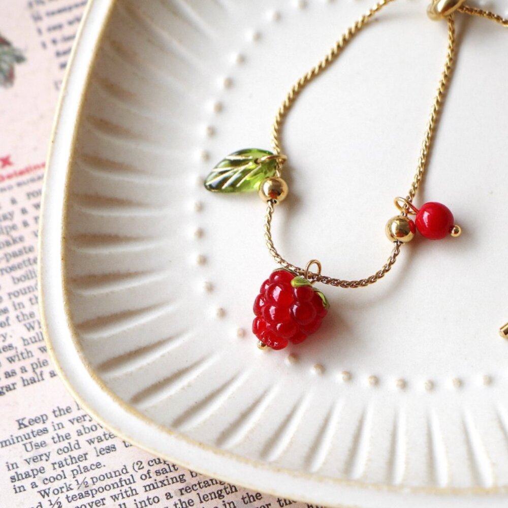 raspberry with leaf lampwork bracelet  handmade glass berries botanical nature